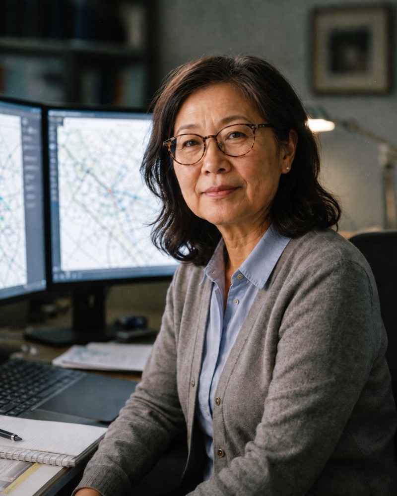 Portrait of a senior GIS analyst at her desk, dual monitors showing network maps behind her