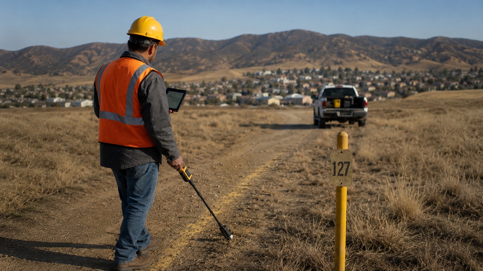 Gas utility technician sweeping a leak-detector wand along a pipeline right-of-way beside a yellow marker post, tablet in hand and the crew truck ahead