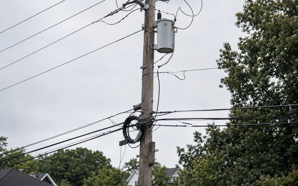 Joint-use distribution pole: transformer and primary conductors up top, communications lines and a fiber service coil in the lower attachment space