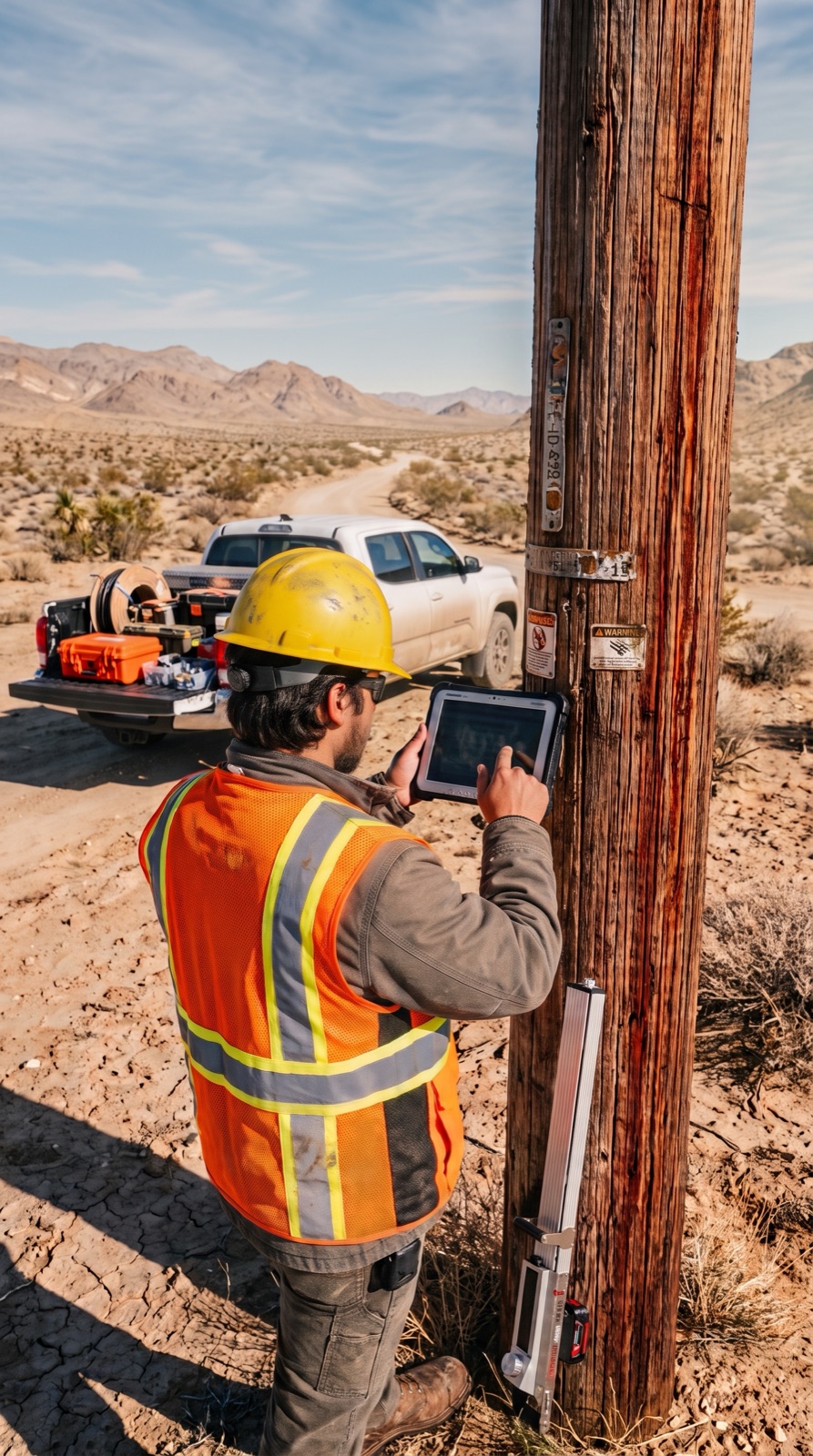 Field technician at a desert pole capturing inspection data on a rugged tablet