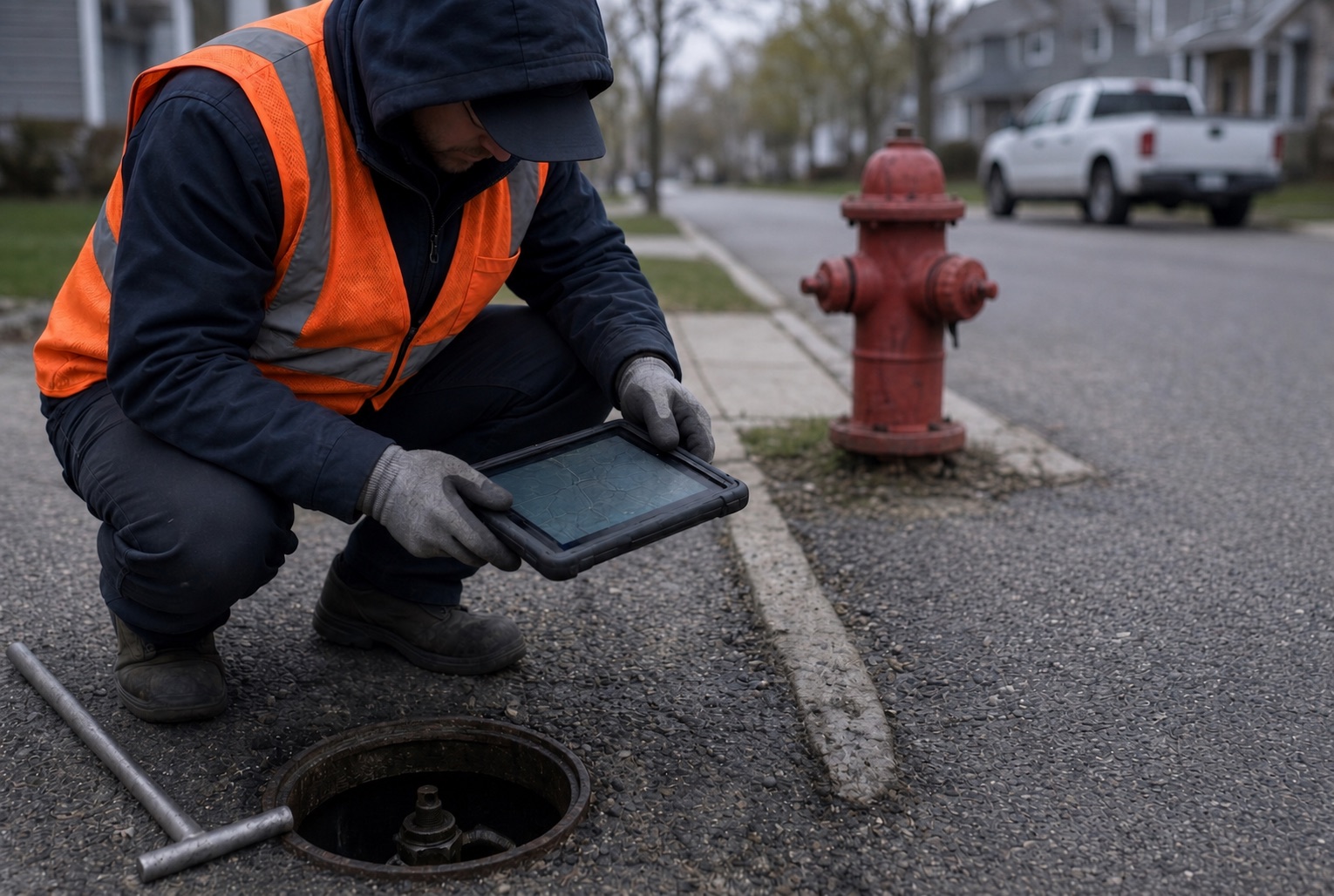 Water utility field technician crouched at an open valve box, checking the record on a rugged tablet, with a fire hydrant at the curb